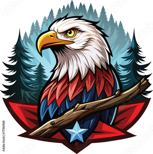 Bald eagle with forest in the background. Vector illustration.