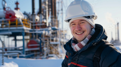 A man in a hard hat stands proudly in front of a bustling factory, overseeing the production of goods, Smiling young engineer wearing hardhat at oil production field in winter.