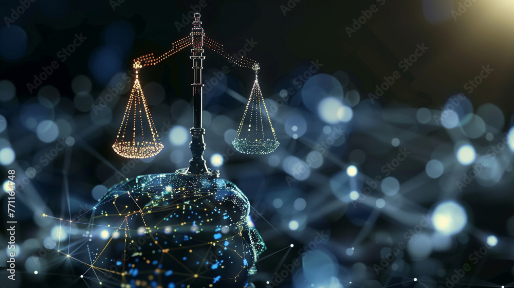 AI ethics and legal concepts artificial intelligence law and online technology of legal regulatiA balance scale and scale of justice sit atop a globe, symbolizing the harmony and equality in the world - obrazy, fototapety, plakaty 