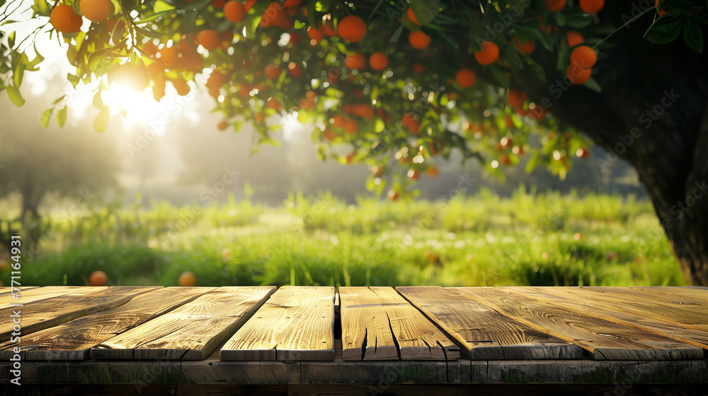 A wooden table adorned with rustic charm stands in front of a lush orange tree, creating a serene and natural backdrop, summer spring background