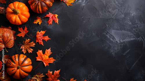 A whimsical scene of vibrant pumpkins and autumn leaves swirling together against a dramatic black backdrop