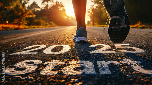 A person walking down a road with the numbers 2013 and 2013 painted on it, symbolizing a journey through the past and present, Taking off to start 2025. sprinter athlete preparing to run on the road w