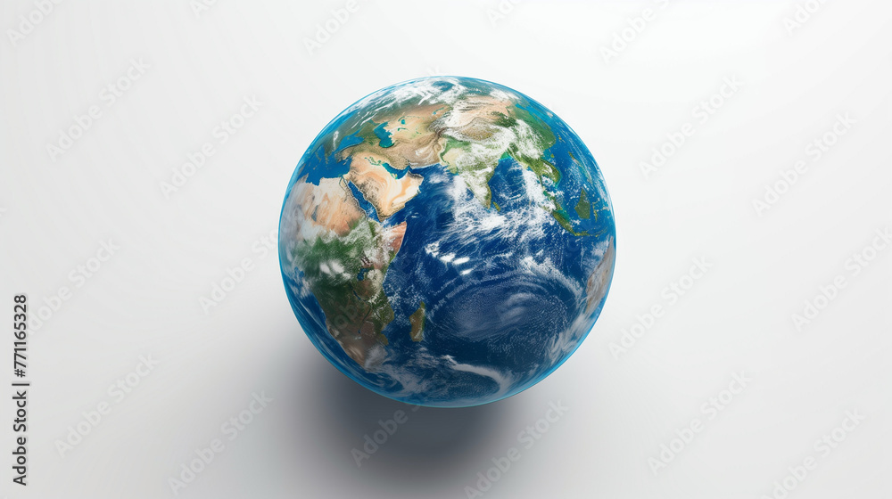 Blue and green Earth peacefully resting on a white surface, symbolizing the beauty of our planets harmony and balance Blue and green Earth peacefully resting on a white surface, symbolizing the beauty of our planets harmony and balance