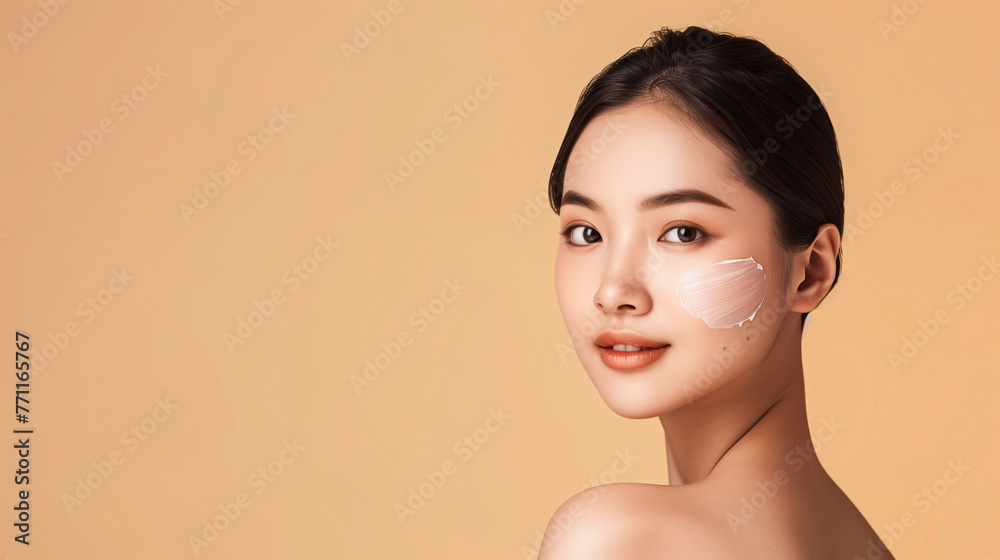 A mysterious woman with a striking white patch on her face gazes pensively into the distance, Beautiful young asian woman with clean fresh skin on beige background, Face care, Facial treatment, Cosmet A mysterious woman with a striking white patch on her face gazes pensively into the distance, Beautiful young asian woman with clean fresh skin on beige background, Face care, Facial treatment, Cosmet