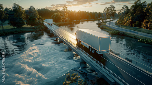 A truck gracefully navigates over a bridge spanning a mighty river