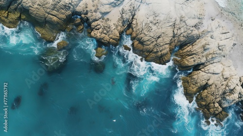 An aerial view of a rocky coastal shoreline presenting a minimalist and dynamic perspective of seaside geology AI generated illustration
