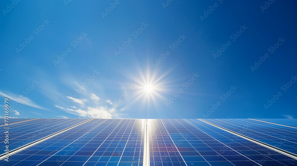 The sun shines brightly over a solar panel, capturing energy for sustainable power generation - obrazy, fototapety, plakaty 