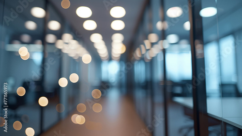 Blurred empty open space office. Abstract light bokeh at office interior backgroun surreal scene unfolds in a seemingly endless hallway adorned with numerous glowing lights, casting a mesmerizing aura