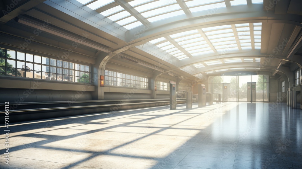 An empty subway platform with sunlight beaming down from the ceiling skylights  AI generated illustration