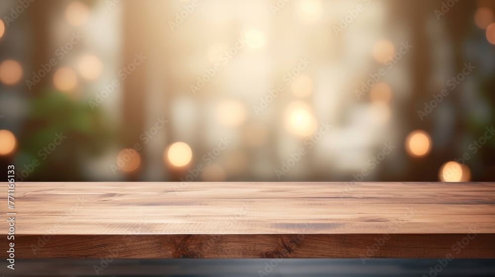 An empty wooden table in a softly blurred modern interior background AI generated illustration An empty wooden table in a softly blurred modern interior background AI generated illustration