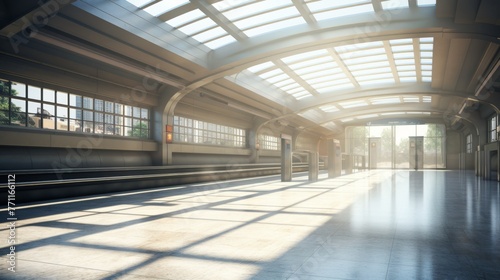 An empty subway platform with sunlight beaming down from the ceiling skylights AI generated illustration