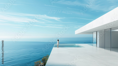 A woman standing on a balcony, peacefully observing the vast ocean beneath her, luxury modern villa 