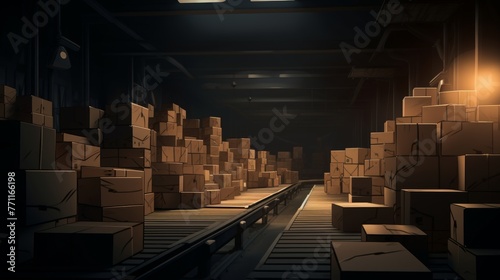 An illustrative scene of cardboard boxes on a conveyor belt leading into a darkened factory  AI generated illustration photo