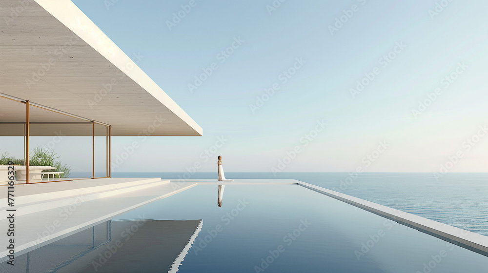Fototapeta premium A woman gracefully stands on the edge of a swimming pool, her silhouette reflecting in the crystal-clear water below