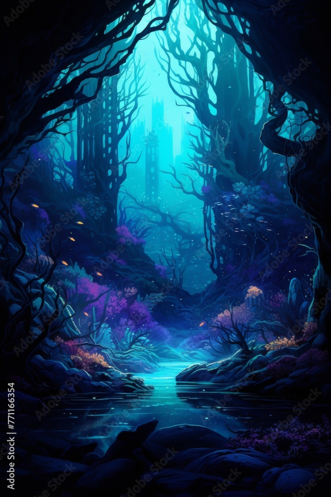 An underwater scene lit by neon bioluminescent creatures AI generated illustration An underwater scene lit by neon bioluminescent creatures AI generated illustration