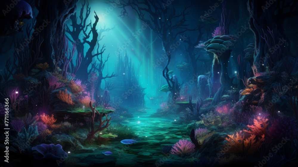 An underwater scene lit by neon bioluminescent creatures  AI generated illustration