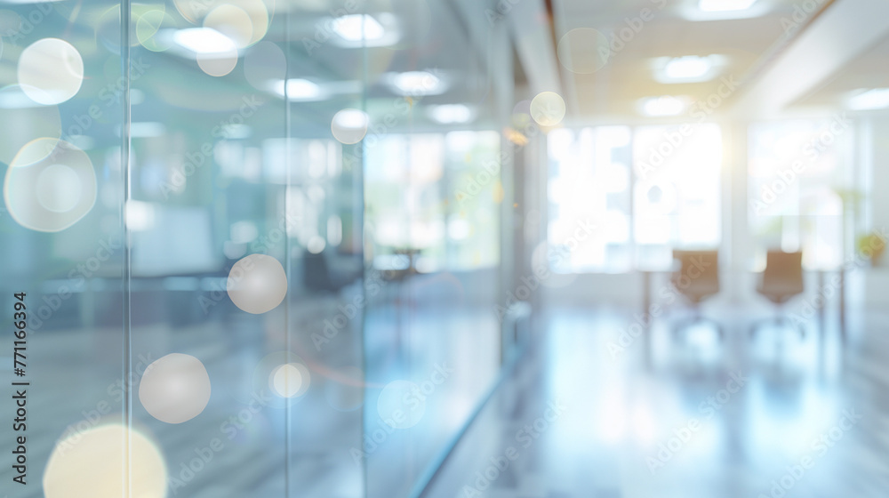 A blurry view of an office hallway with sleek, modern decor and fluorescent lighting, Blurred empty open space office. Abstract light bokeh at office interior background for design. A blurry view of an office hallway with sleek, modern decor and fluorescent lighting, Blurred empty open space office. Abstract light bokeh at office interior background for design.