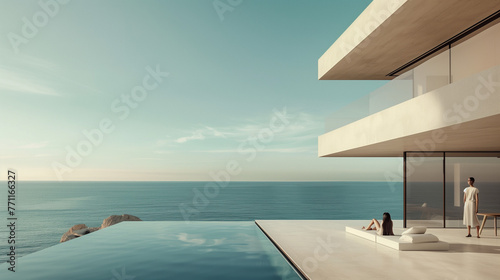 A man and a woman relax by a pool, gazing out at the expansive ocean before them © Fokke Baarssen