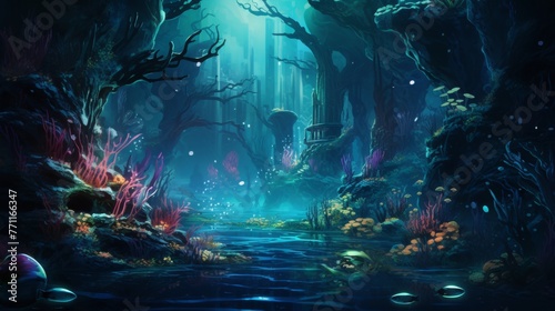 An underwater scene lit by neon bioluminescent creatures  AI generated illustration photo