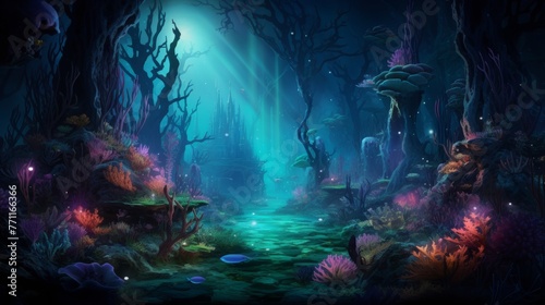 An underwater scene lit by neon bioluminescent creatures  AI generated illustration © Olive Studio