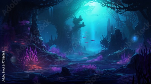An underwater scene lit by neon bioluminescent creatures AI generated illustration