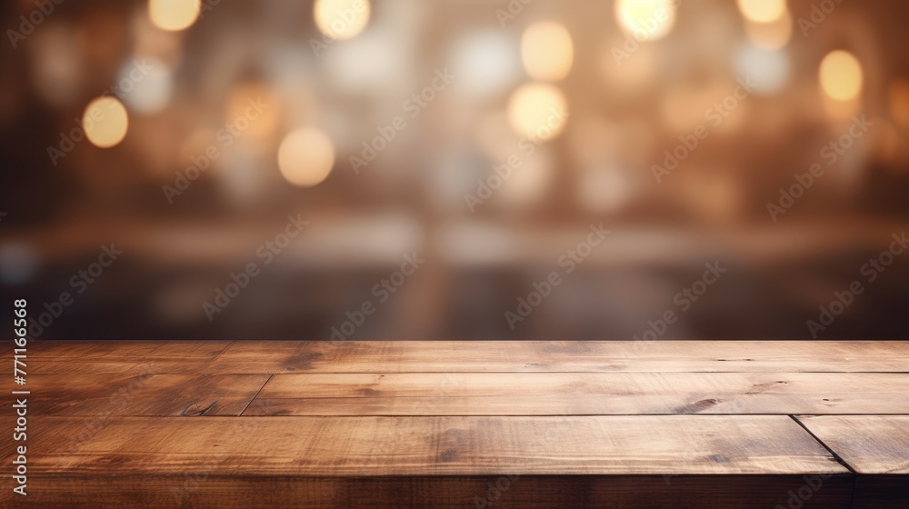 Artistic image of an empty brown wooden tabletop on a shelf with an unfocused background AI generated illustration