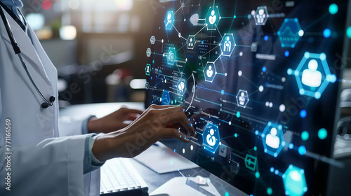 A scientist in a white lab coat, deeply engrossed, examines data on a computer screen in a high-tech laboratory, Medical technology and futuristic concept.Digital healthcare and network on modern virt photo