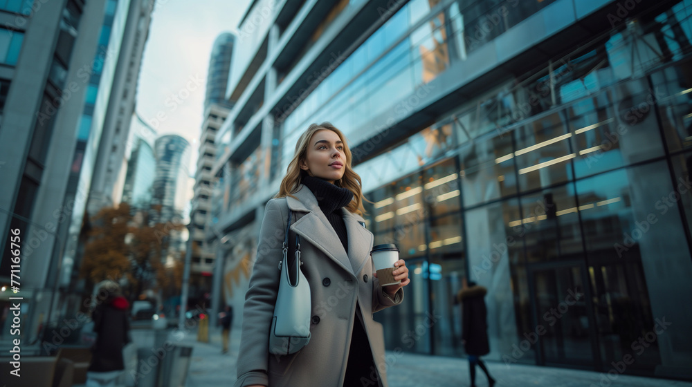 Beautiful Woman Going To Work With Coffee Walking Near Office Building. Portrait Of Successful BA stylish woman leisurely walking down a bustling street, clutching a steaming cup of coffee in her hand