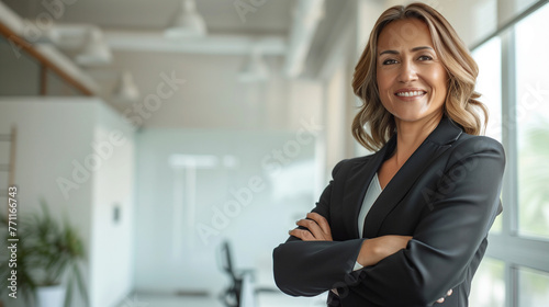 A woman stands with her arms crossed in front of a window, looking out with a contemplative expression, Happy cheerful 45 year old Latin professional mid aged business woman corporate leader, smiling 