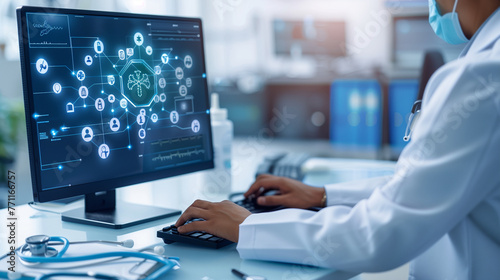 A doctor in a white coat is focused on a computer screen, analyzing patient data and medical records, Medical technology and futuristic concept.Digital healthcare and network on modern virtual screen. photo