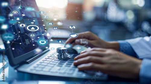 Medical technology and futuristic concept.Digital healthcare and network on modern virtuaA close-up of a persons hand typing on a laptop keyboard, fingers moving swiftly and gracefully across the keys