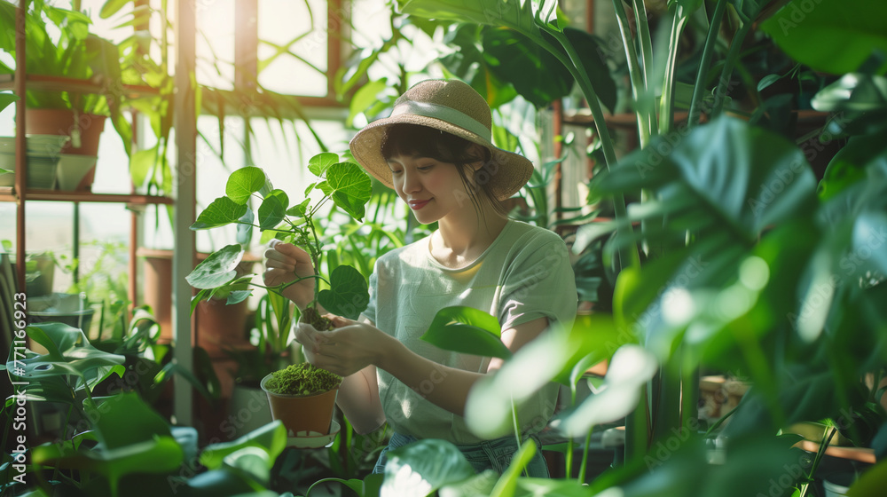 A woman wearing a stylish hat tends to plants in a lush greenhouse filled with vibrant foliage
