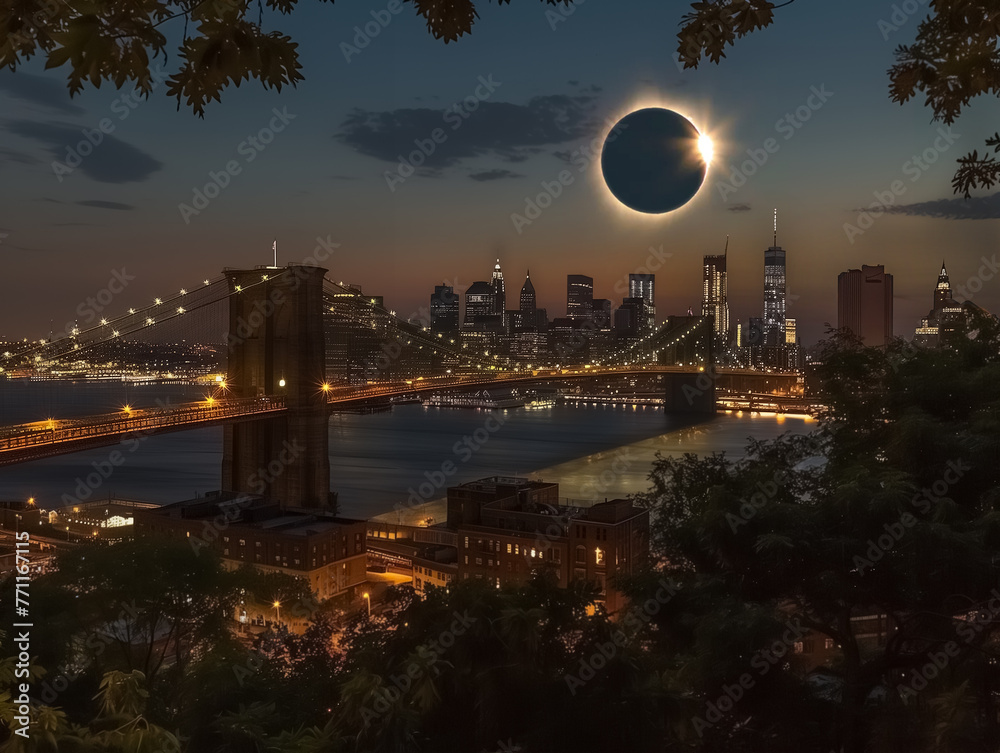Solar eclipse, New York, NY, New York City, Brooklyn Bridge and Manhattan skyline
