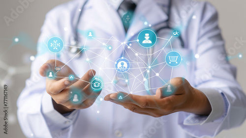 man hold virtual medical network connection icons. The virus pandemic developed people's awareness and spread attention to their healthcare, withrising growth in hospital and health insurance business © Fokke Baarssen