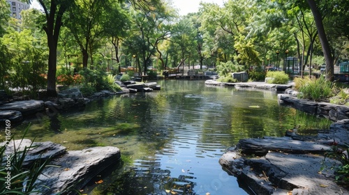 In the middle of a bustling city park a hidden oasis boasts a peaceful pond surrounded by vibrant trees and shrubs nourished by the underground steam vents.