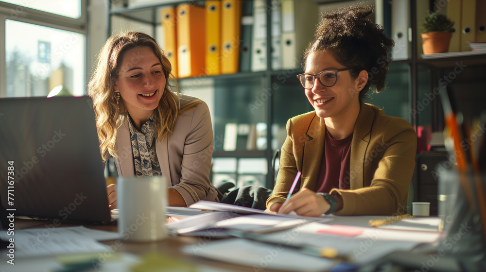 Two businesswomen sitting at a table focused on a laptop screen Two businesswomen sitting at a table focused on a laptop screen