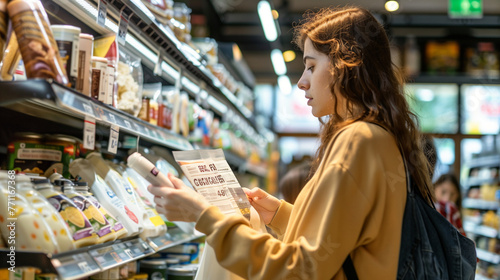 A woman with a thoughtful expression examines a package in a grocery store aisle photo