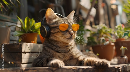 A suave tabby cat relaxes in the sun, sporting a pair of orange sunglasses and listening to tunes on a pair of headphones, exuding ultimate coolness. photo