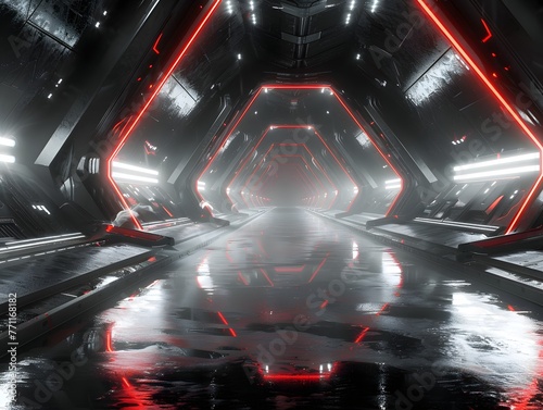 A corridor extends into the distance, lined with red neon lights, creating a striking contrast against the dark, wet metallic surroundings.