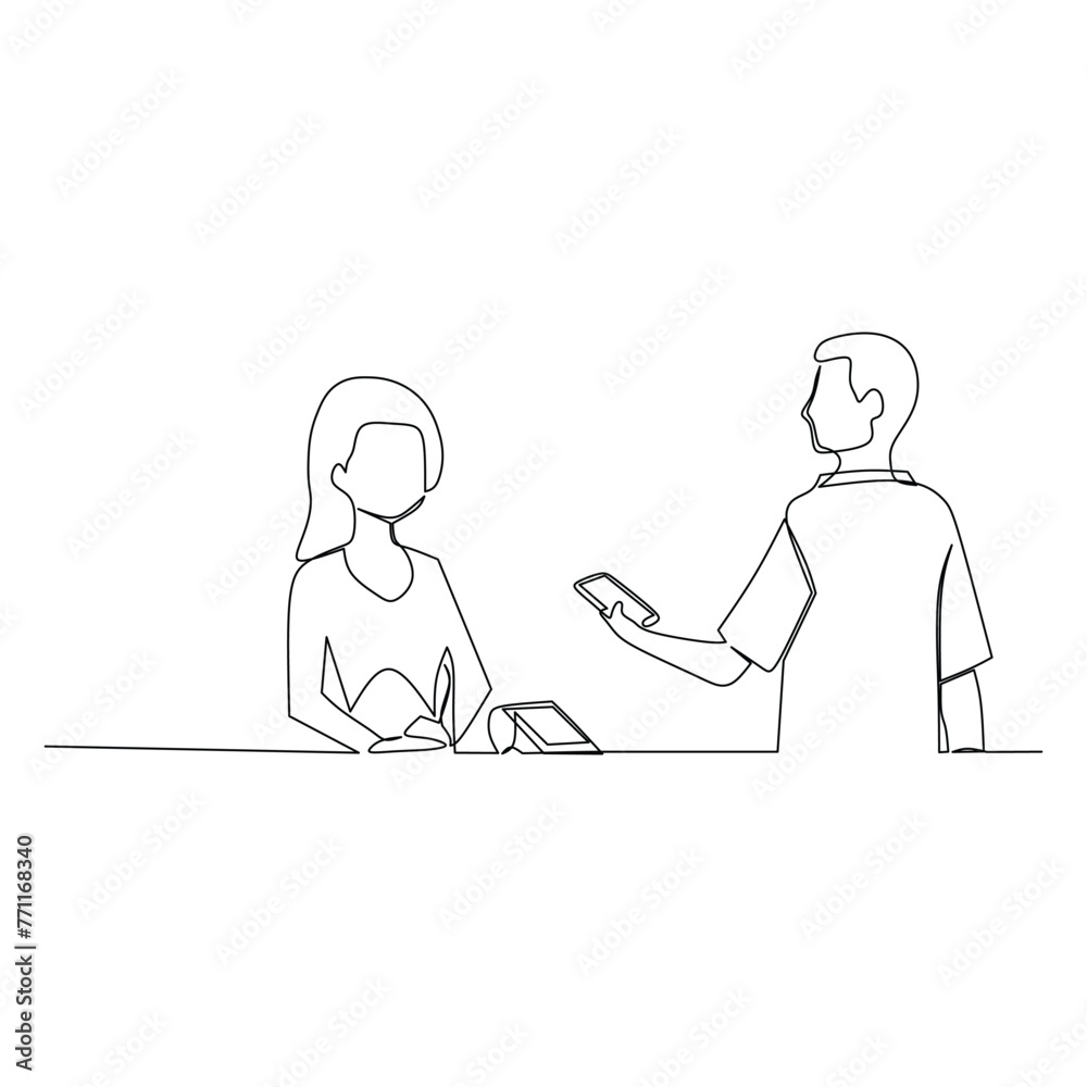 Continuous one line drawing of a A female cashier serves male buyers who use credit cards. Contactless payment concept Continuous one line drawing of a A female cashier serves male buyers who use credit cards. Contactless payment concept