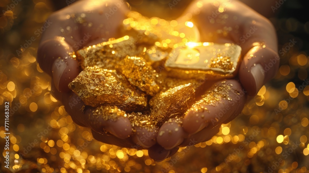 Hands of a gold miner and gold bars Hands of a gold miner and gold bars