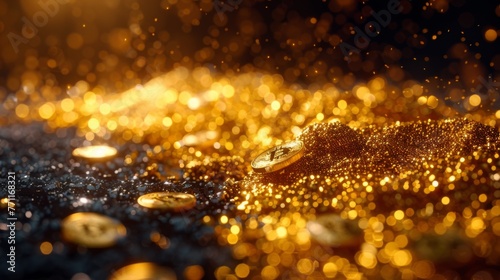 Gold dust falling on gold nuggets against black background