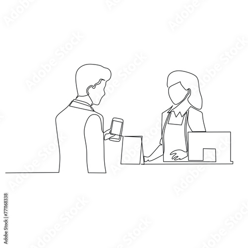 Continuous one line drawing buyer and sellers conducting buying and selling transactions of goods using card. Business activity concept in market. Single line draw design vector illustration.