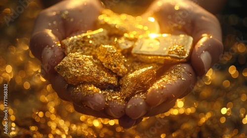 Hands of a gold miner and gold bars