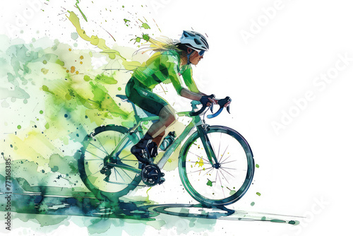 Green watercolor painting of side view woman cyclist in road bike © Ema
