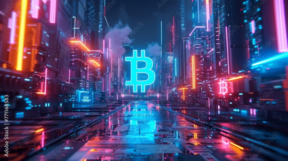 With its vibrant blue, orange, and pink hues, the Bitcoin neon design stands out as a striking and mesmerizing visual spectacle