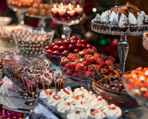 A dessert station at a holiday party where the sweets are festive