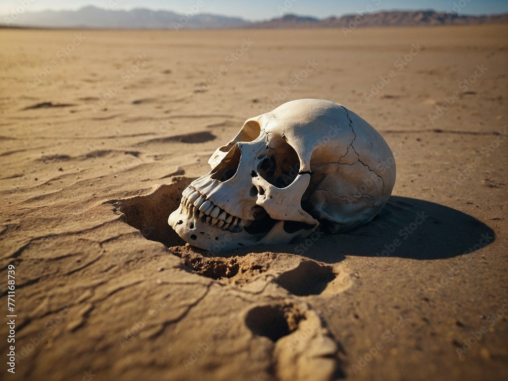 Obraz premium Human skull halfburried in the desert sand 