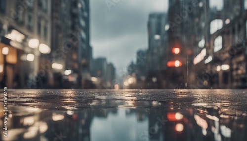 cityscape reflected in a puddle after a rainstorm. The buildings appear distorted and elongated, creating a dreamlike quality.