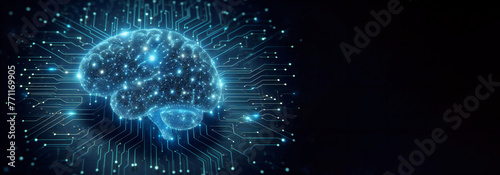 a digital technology with a blue background and a blue circuit board in the middle. Generative AI  photo